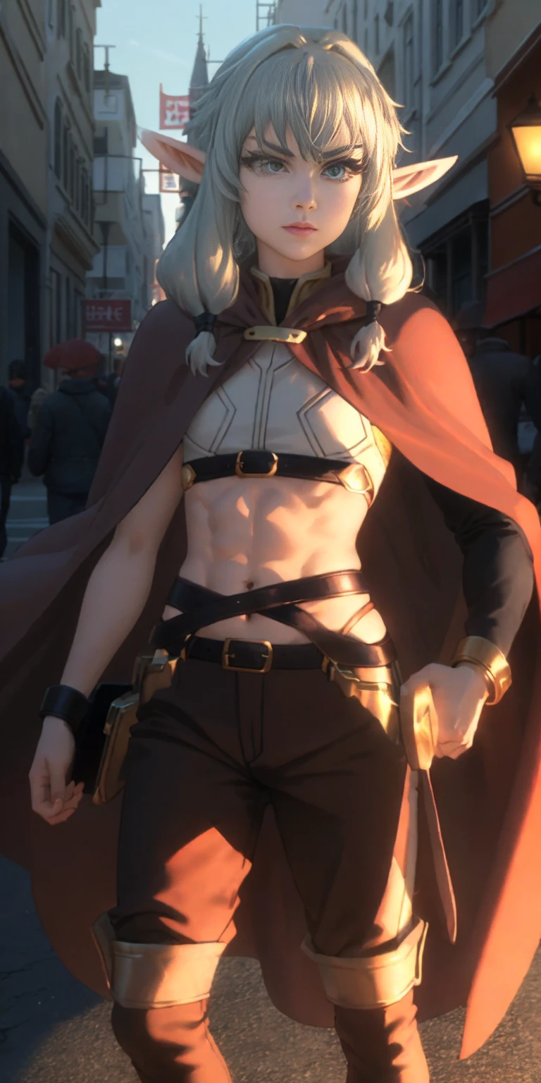 Subject: 1 Solo Female Drow Elf Physical Description: Purple Skin Long White Hair Strong Body with Abs Shiny Skin (Ultra Quality) Attire: Yellow Tiger Bikini (underneath) Red Cape (flowing) Pose: Standing Pose Background: Cinematic Street Scene (Atmospheric, 8K) Additional Notes: Red sunglasses