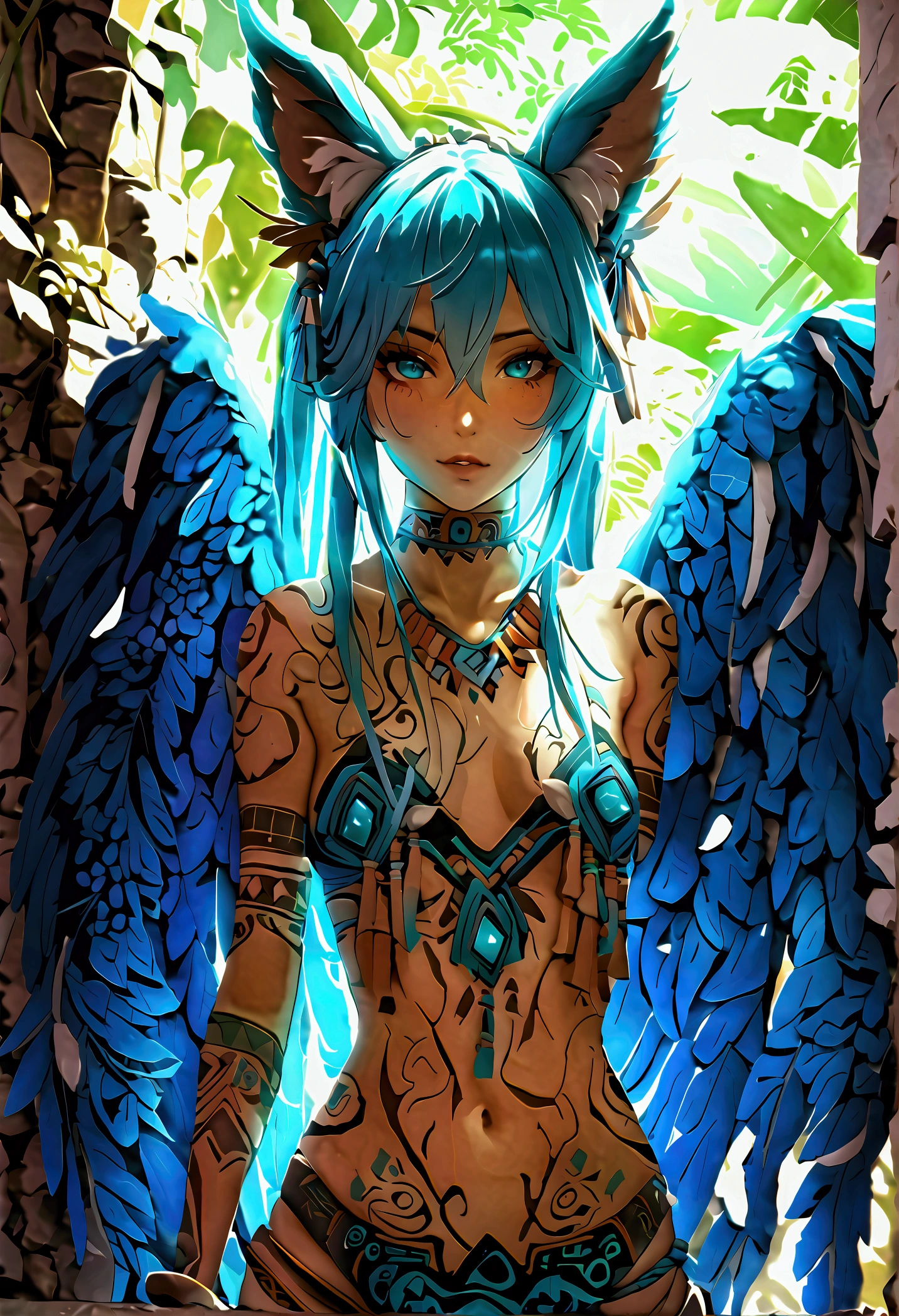Miku Hatsune, add high definition add_detail:1, blue fur,kitsune ears, tribal tattoo add_detail:1, in ruins in the jungle, barefoot, tribal costume add_details:1, giant aquamarine feather wings_detailsl:1 ,alas hermosas la mejor calidad y detail en las plumas, add blue saturation light_detailsl, sensual pose