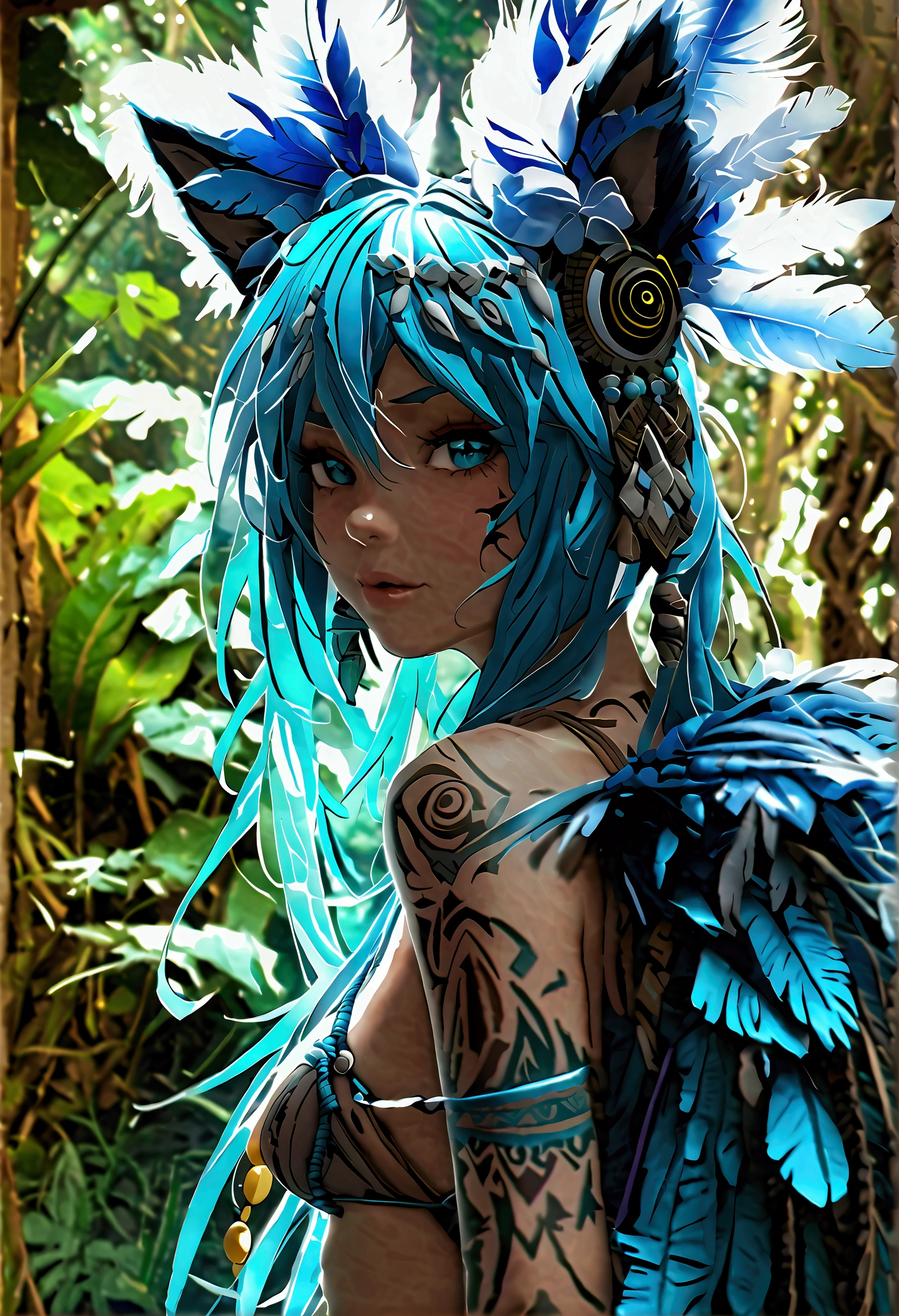 Miku Hatsune, add high definition add_detail:1, blue fur,kitsune ears, tribal tattoo add_detail:1, in ruins in the jungle, barefoot, tribal costume add_details:1, giant aquamarine feather wings_detailsl:1 ,alas hermosas la mejor calidad y detail en las plumas, add blue saturation light_detailsl, sensual pose