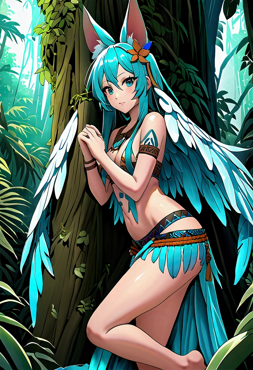 Miku Hatsune, add high definition add_detail:1, blue fur,kitsune ears, tribal tattoo add_detail:1, in ruins in the jungle, barefoot, tribal costume add_details:1, giant aquamarine feather wings_detailsl:1 ,alas hermosas la mejor calidad y detail en las plumas, add blue saturation light_detailsl, sensual pose