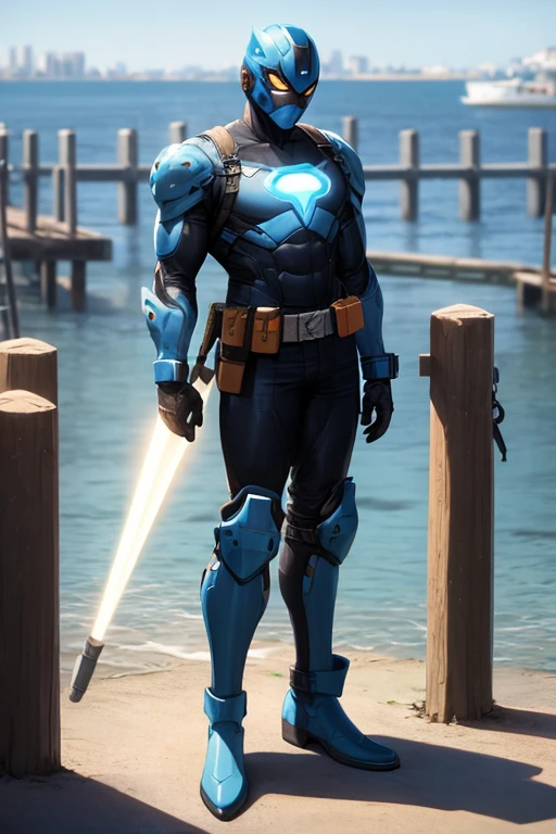 ((best quality)), ((masterpiece)), (detailed), 1 male, full body, 23 years old, masked, light blue construction helmet, smooth head, superhero mask, black collar, tall, thin, black gloves, black chest harness belt, light blue wrist guards, water cannons on shoulders, light blue suit resembling, light blue suit with an emblem, orange circular emblem on chest, orange emblem, light blue pants, gray knee pads, metallic light blue boots, black superhero belt, standing on a pier by the sea, city background, anime