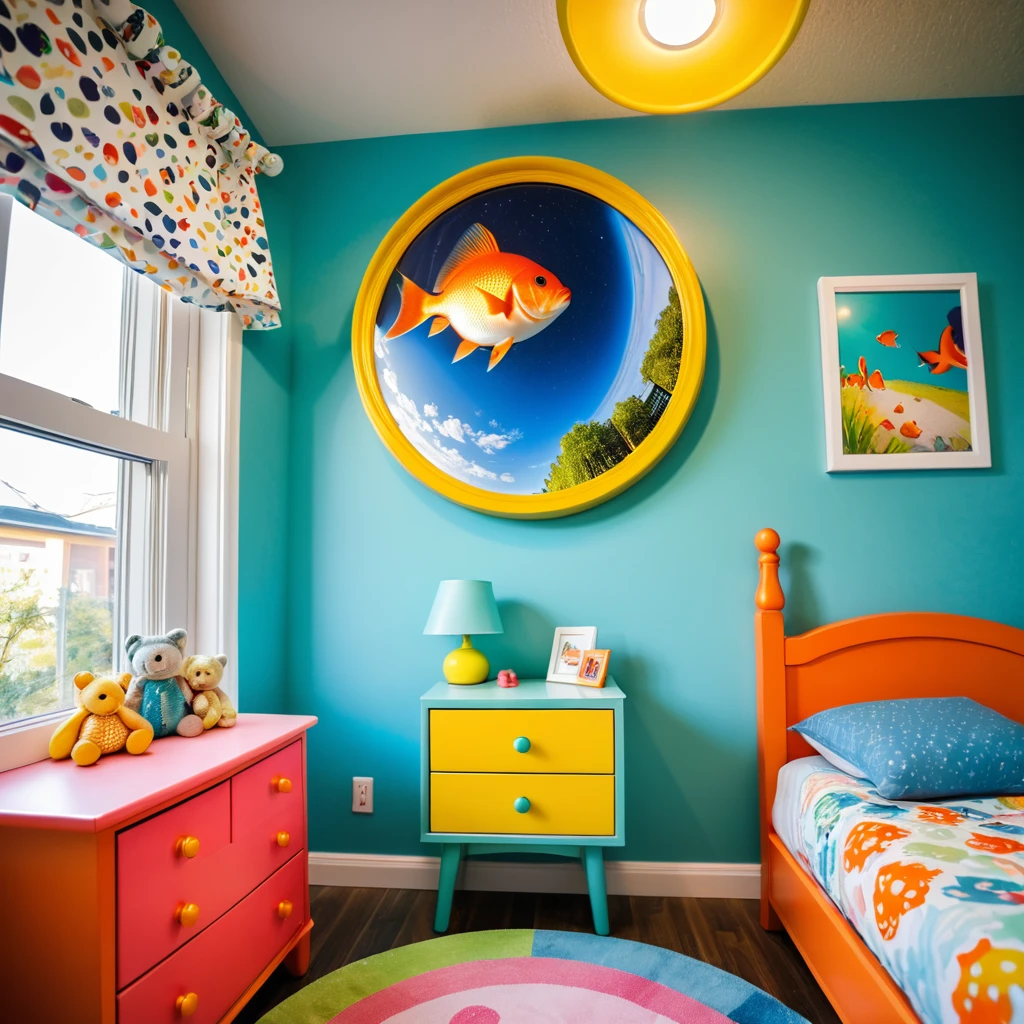 a photo inside of childrens room, a picture in a round frame on a colorful nightstand, fisheyelens
