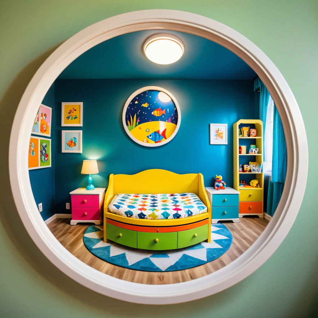 a photo inside of childrens room, a picture in a round frame on a colorful nightstand, fisheye lens