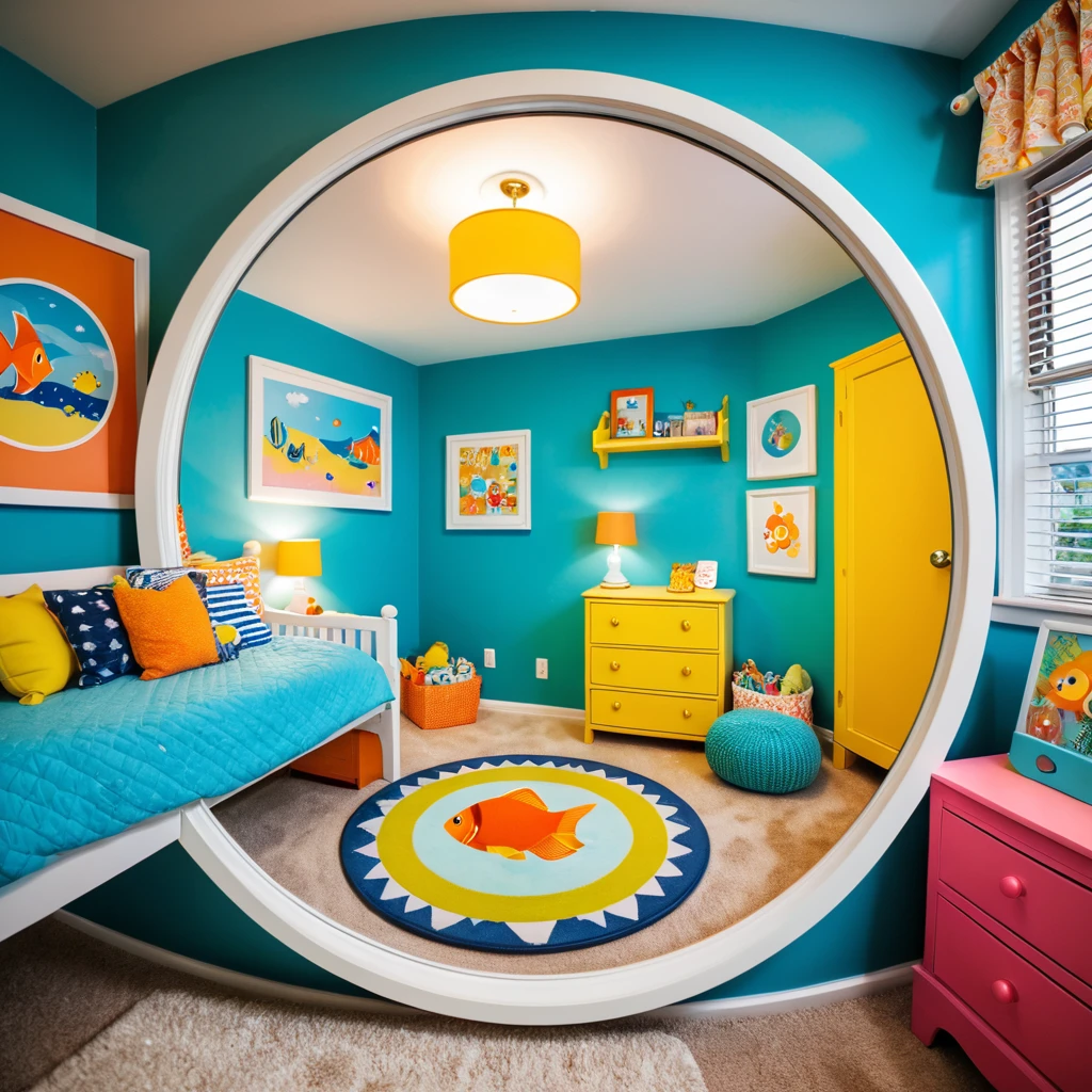 a photo inside of childrens room, a picture in a round frame on a colorful nightstand, fisheye lens