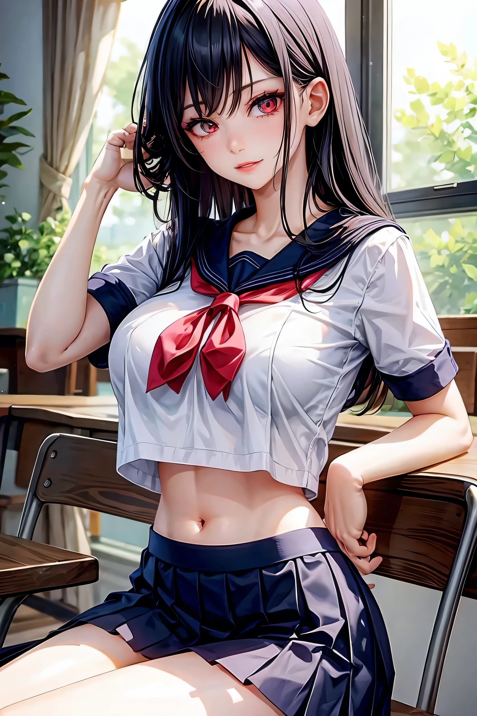 woman, sexy woman, mature female, mommy, black hair, red eyes, detailed eyes, detailed lips, big breasts, short sleeves sailor uniform, sit with crossed legs, classroom, evil smiling, seductive lips, adjusting hair, skirt, hunter eyes, look from below, slighty midriff