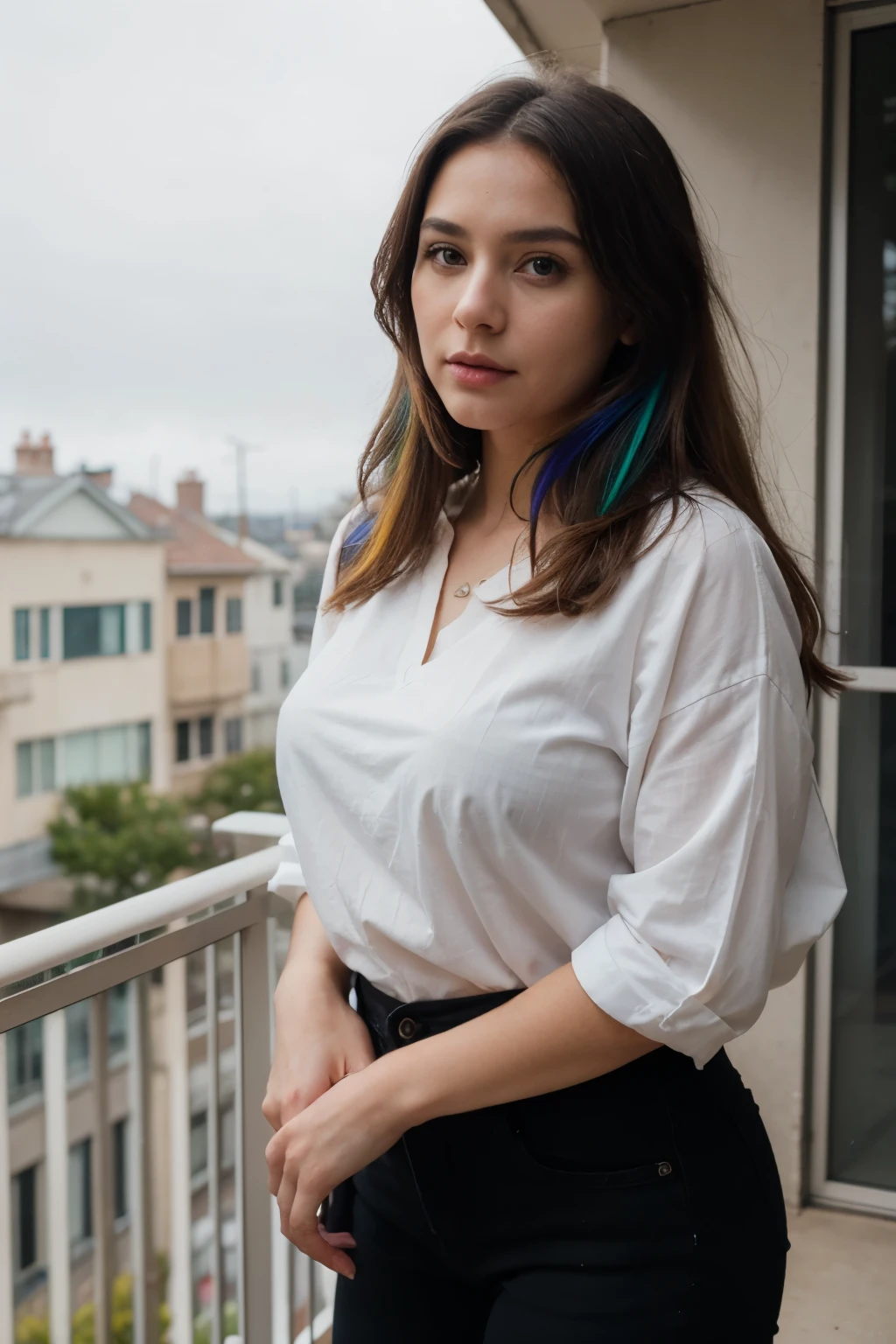professional portrait photograph of a beautiful 35yo women with long hair, so curvy body, gorgeous face, cute natural makeup, wearing blouse with flowers motif and black jeans, ((standing outside in balcony)), ultra realistic, concept art, elegant, highly detailed, intricate, sharp focus, depth of field, f/1. 8, 85mm, medium shot, mid shot, (((professionally color graded))), bright soft diffused light, (volumetric fog), trending on instagram, hdr 4k, 8k