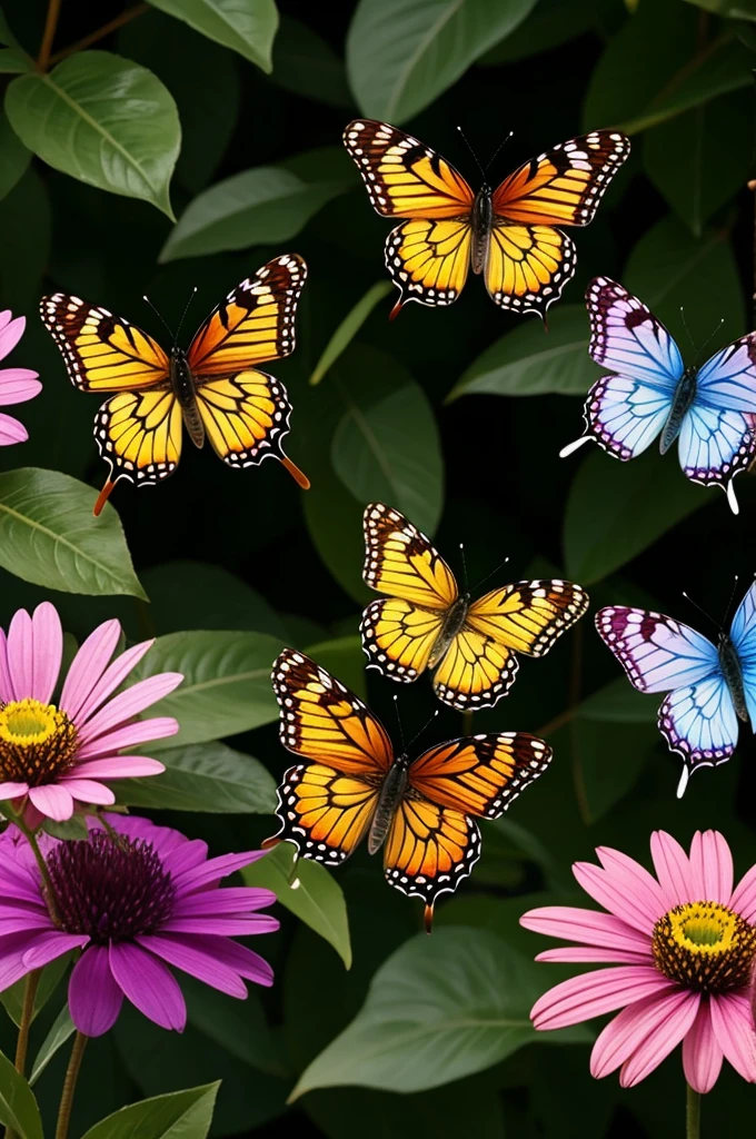 Three butterflies of different colors fly over a flower