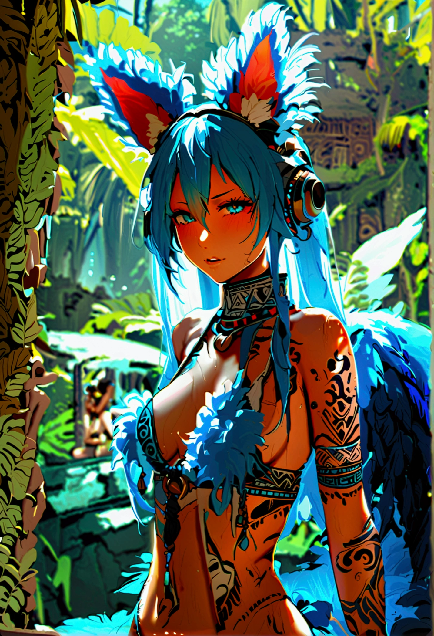 Miku Hatsune, add high definition add_detail:1, blue fur,kitsune ears, tribal tattoo add_detail:1, in ruins in the jungle, barefoot, tribal costume add_details:1, giant aquamarine feather wings_detailsl:1 ,alas hermosas la mejor calidad y detail en las plumas, add blue saturation light_detailsl, sensual pose
