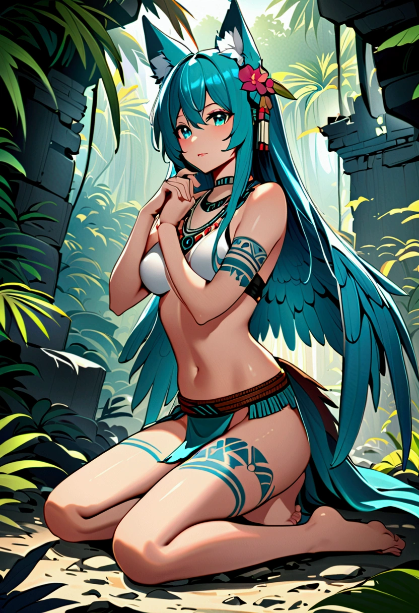 Miku Hatsune, add high definition add_detail:1, blue fur,kitsune ears, tribal tattoo add_detail:1, in ruins in the jungle, barefoot, tribal costume add_details:1, giant aquamarine feather wings_detailsl:1 ,alas hermosas la mejor calidad y detail en las plumas, add blue saturation light_detailsl, sensual pose