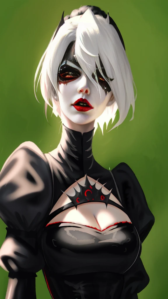 A closeup of a woman wearing a black and red suit, vampire of clan lasombra, with black metal face paint, dark gothic queen, hyper-gothic, Terrifying Queen of Death, Vampire Queen, gothic woman, beautiful female vampire queen, very beautiful gothic top model, female vampire, gothic maiden, goth face, sinister appearance, in WLOP style