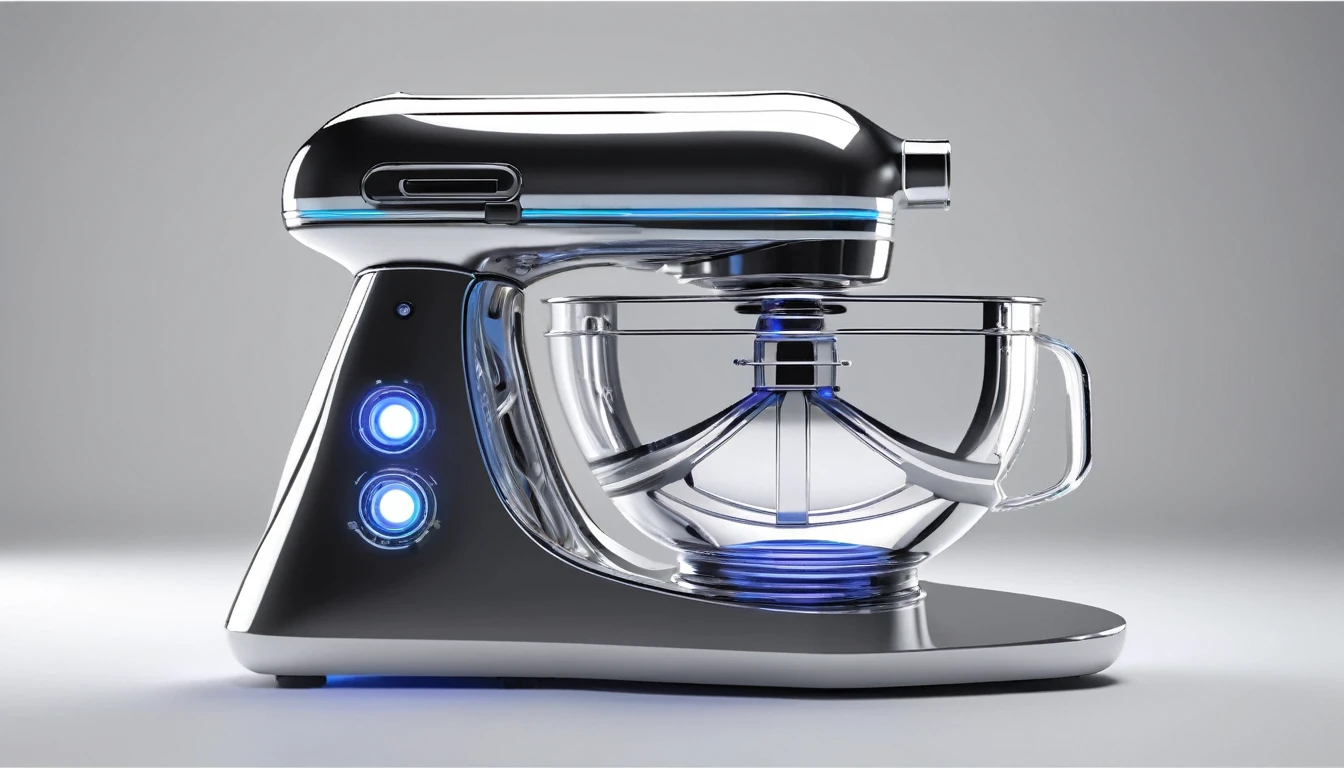 a futuristic mixer, isolated, appliance, highly detailed, metallic, silver, chrome, reflective surface, sleek, modern, minimalist, glowing, holographic display, advanced technology, sci-fi, cinematic lighting, 8k, photorealistic