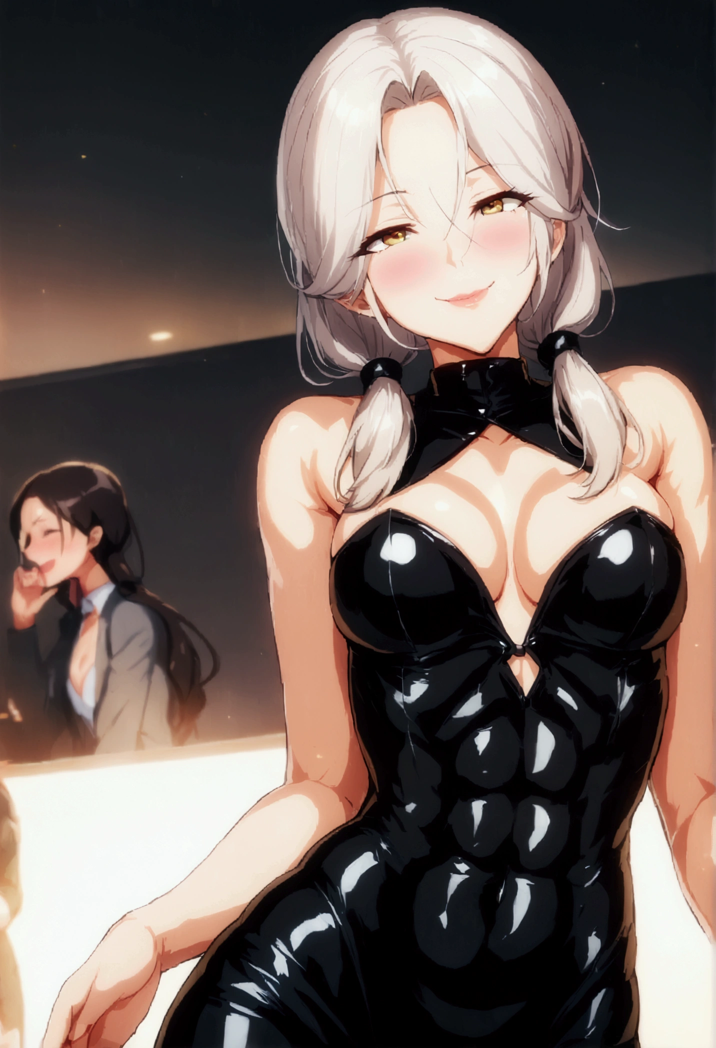 1woman,older female,milf,solo,blushing,,forehead,smirk,parted_hair,older_female,detailed_face,wide_hips,solo_focus,skindentation,small_breasts,solo,strapless,pony tail,(UHD,extremely detailed,HDR),covered_abs,dress,covered_abs,nijisuper,cleavage(16K,detailed face,),party theme,blb