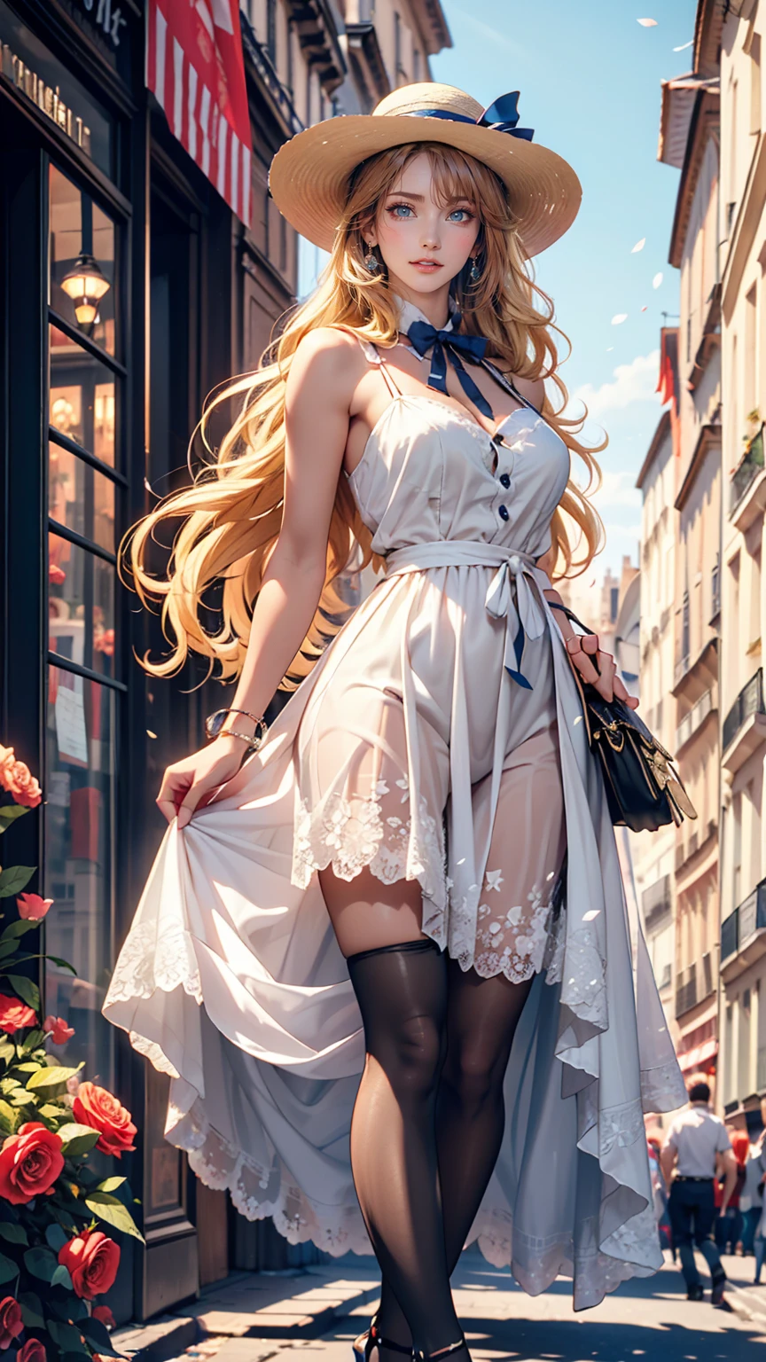 Bastille Day in France、Festive Pariany flowers bloom in the city、24 year old Caucasian female、Blonde、blue eyes、Blue inner color、Sexy proportions、Sexy、White Summer Dress、Wide-brimmed hat decorated with ribbon、High heels、Wander around Paris、smile、I don't wear pantyhose