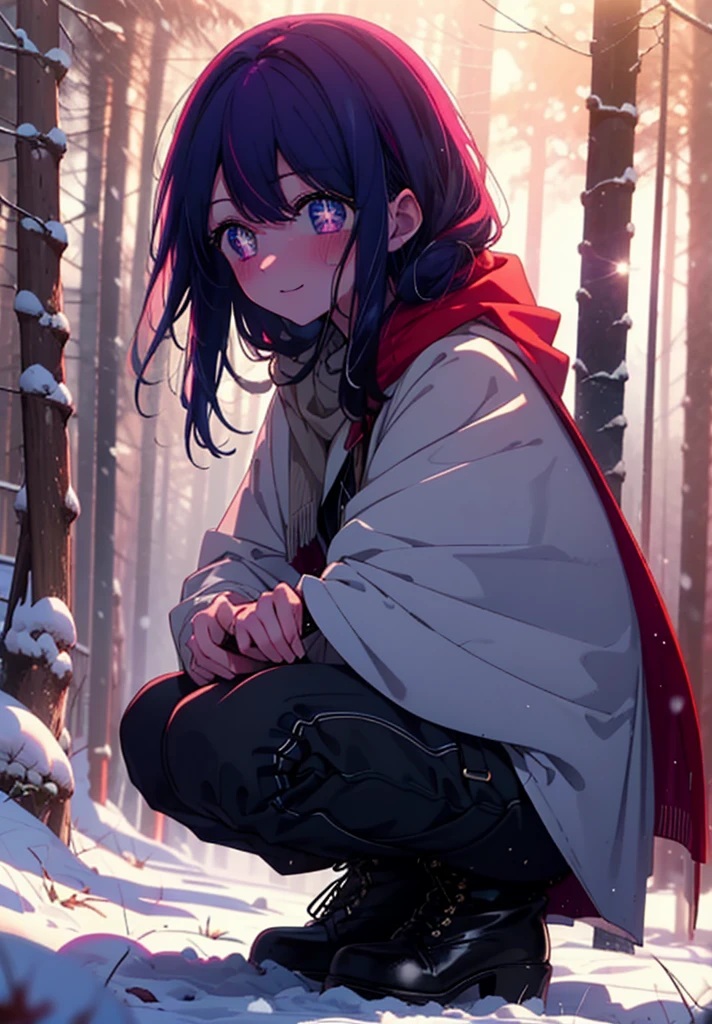 aihoshino, Ai Hoshino, Long Hair, bangs, (Purple eyes:1.1), Purple Hair, (Symbol-shaped pupil:1.5), smile,,smile,blush,White Breath,
Open your mouth,snow,Ground bonfire, Outdoor, boots, snowing, From the side, wood, suitcase, Cape, Blurred, , forest, White handbag, nature,  Squat, Mouth closed, Cape, winter, Written boundary depth, Black shoes, red Cape break looking at viewer, Upper Body, whole body, break Outdoor, forest, nature, break (masterpiece:1.2), Highest quality, High resolution, unity 8k wallpaper, (shape:0.8), (Beautiful and beautiful eyes:1.6), Highly detailed face, Perfect lighting, Extremely detailed CG, (Perfect hands, Perfect Anatomy),