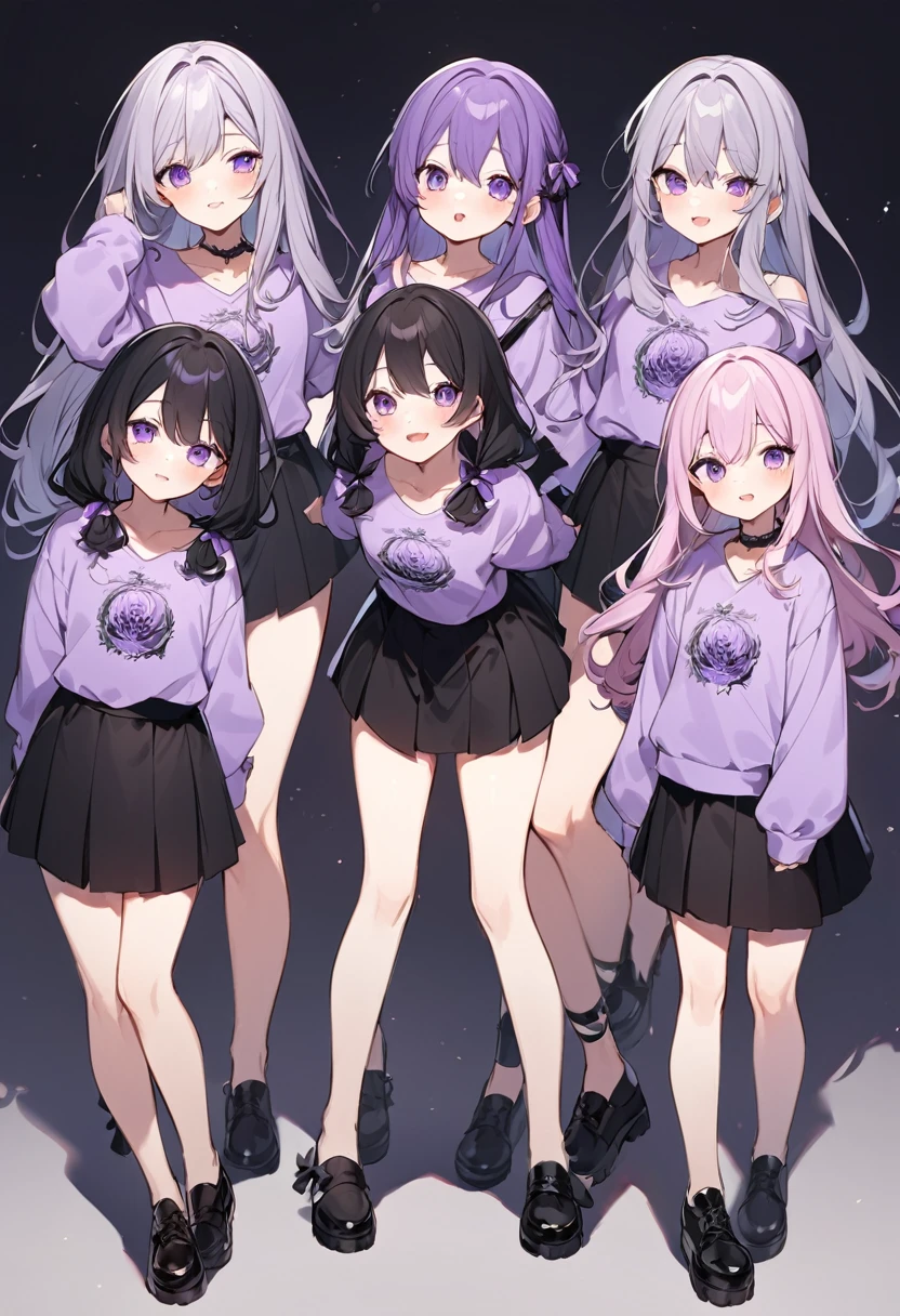 Keito。Purple hoodie。Black Skirt。Purple Eyes。Black Hair。Black shoes下。Black shoes。6 sistery eldest daughter has lavender hair.。all female。Sextuplets