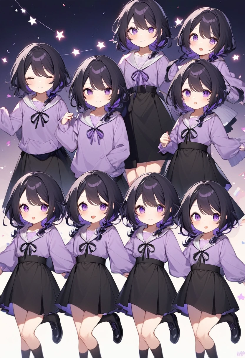 Keito。Purple hoodie。Black Skirt。Purple Eyes。Black Hair。Black shoes下。Black shoes。6 sistery eldest daughter has lavender hair.。all female。Sextuplets