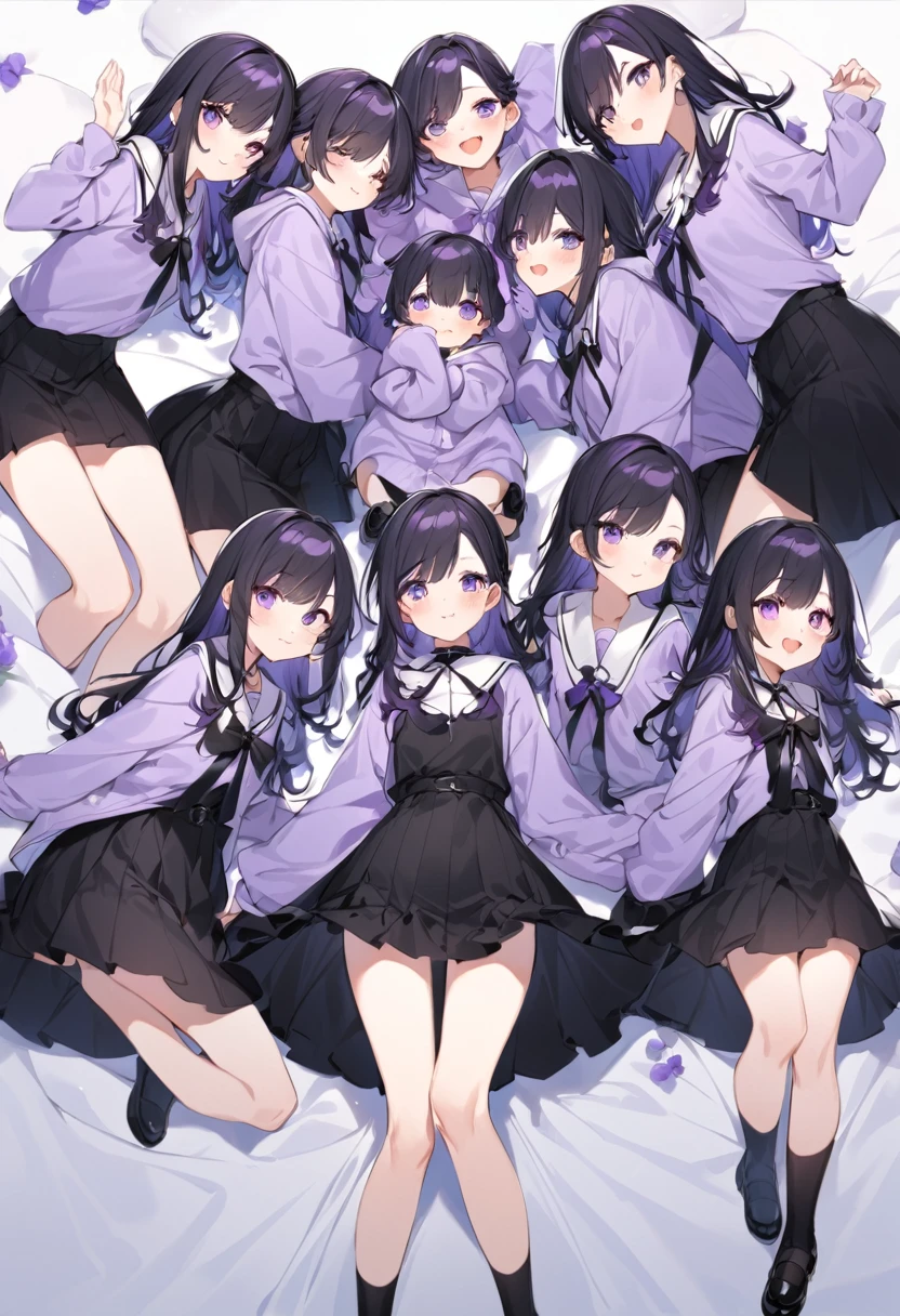 Keito。Purple hoodie。Black Skirt。Purple Eyes。Black Hair。Black shoes下。Black shoes。6 sistery eldest daughter has lavender hair.。all female。Sextuplets