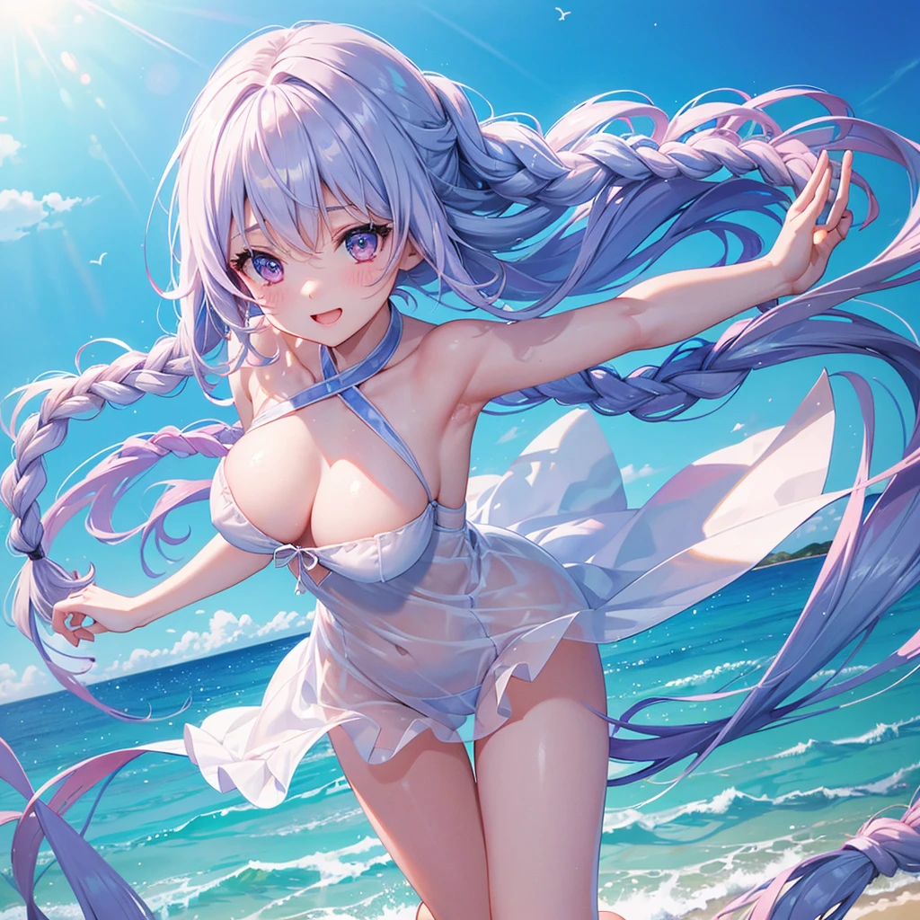 (Sky blue braided hair)、Pink eyes、Fair skin、(whole body)、(One Girl)、bikini、Shining white sand beach in midsummer、Ocean、A happy smile、、(masterpiece、Highest quality、Very detailed、Best Shadow)、(Detailed Background)、(Beautifully detailed face)、High contrast、(Best lighting、Very delicate and beautiful)、((Cinematic Light))、colorful、Hyper Detail、Dramatic Light、Exquisite detail、Jumping and having fun