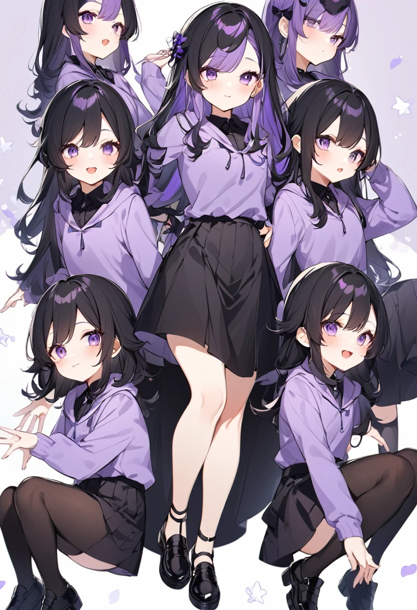 Keito。Purple hoodie。Black Skirt。Purple Eyes。Black Hair。Black shoes下。Black shoes。6 sistery eldest daughter has lavender hair.。all female。Sextuplets