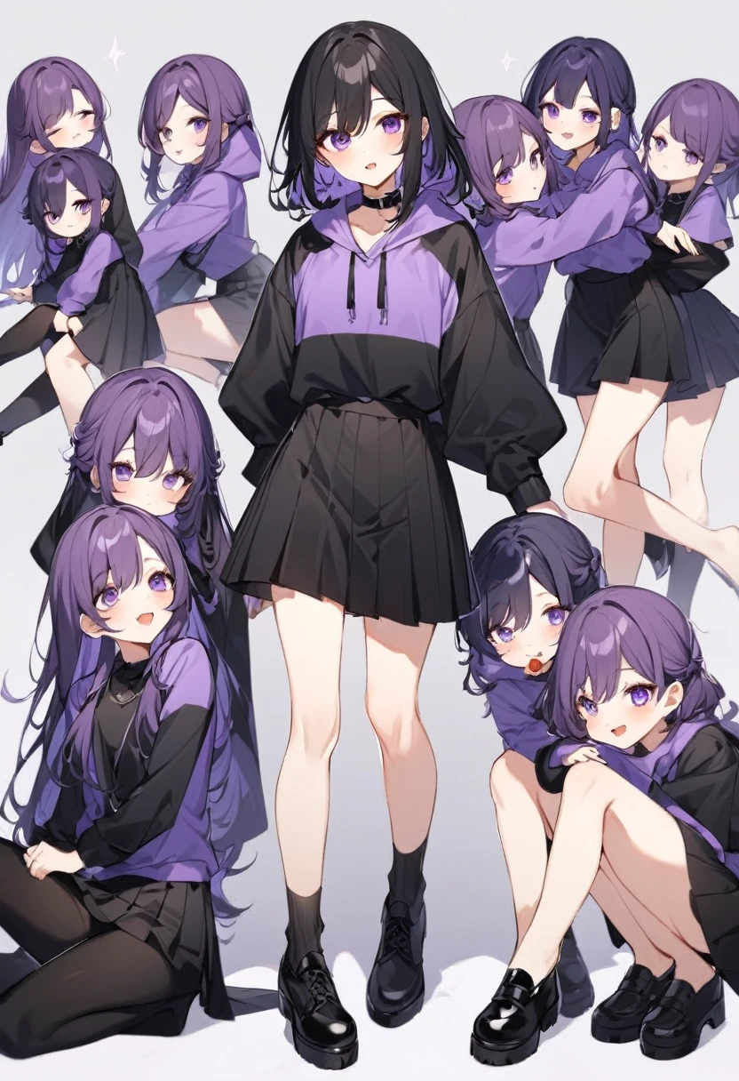 Keito。Purple hoodie。Black Skirt。Purple Eyes。Black Hair。Black shoes下。Black shoes。6 sistery eldest daughter has lavender hair.。all female。Sextuplets