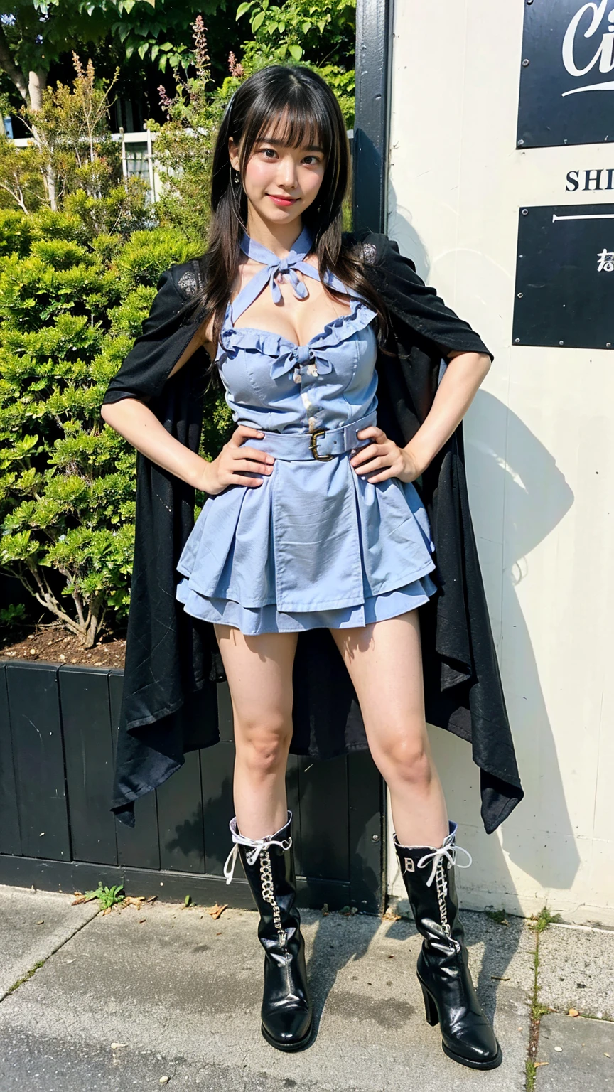 (8K、RAW Photos、Highest quality、masterpiece:1.2)、(Highest quality、Realistic)、1 Girl、((ribbon、Sweater Moon Costume、See-through、Frills、Big Breasts、Breast enlargement、smile、Light blue and black、Lace cloak、mini skirt、Thin legs、whole body、boots、garden、View from the front、Looking into the camera、Idol Costume、Stand with hands on hips))、cute