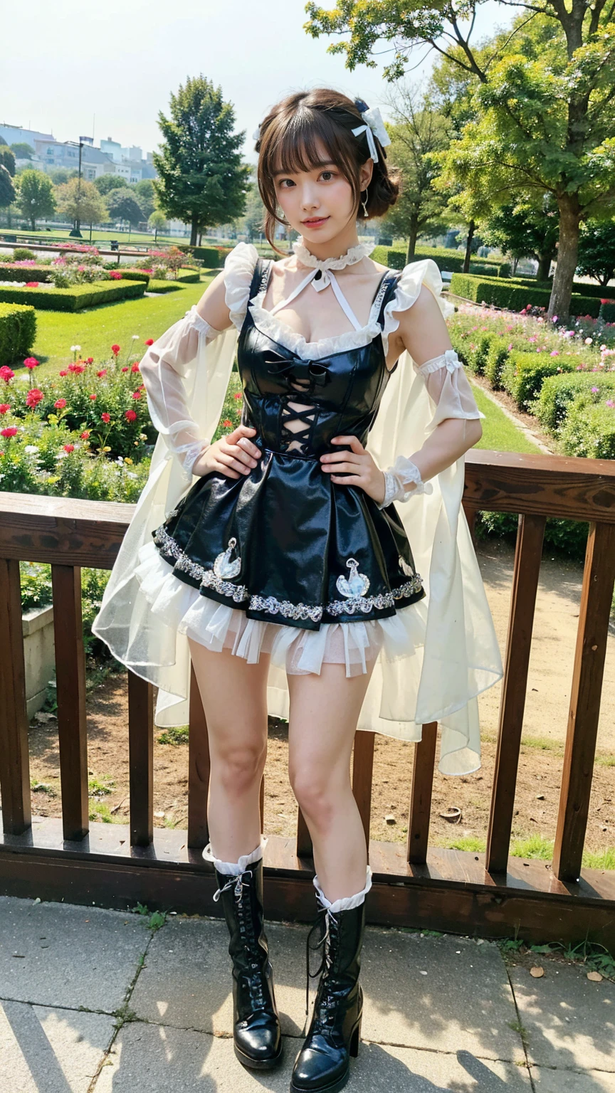 (8K、RAW Photos、Highest quality、masterpiece:1.2)、(Highest quality、Realistic)、1 Girl、((ribbon、Sweater Moon Costume、See-through、Frills、Big Breasts、Breast enlargement、smile、Light blue and black、Lace cloak、mini skirt、Thin legs、whole body、boots、garden、View from the front、Looking into the camera、Idol Costume、Stand with hands on hips))、cute
