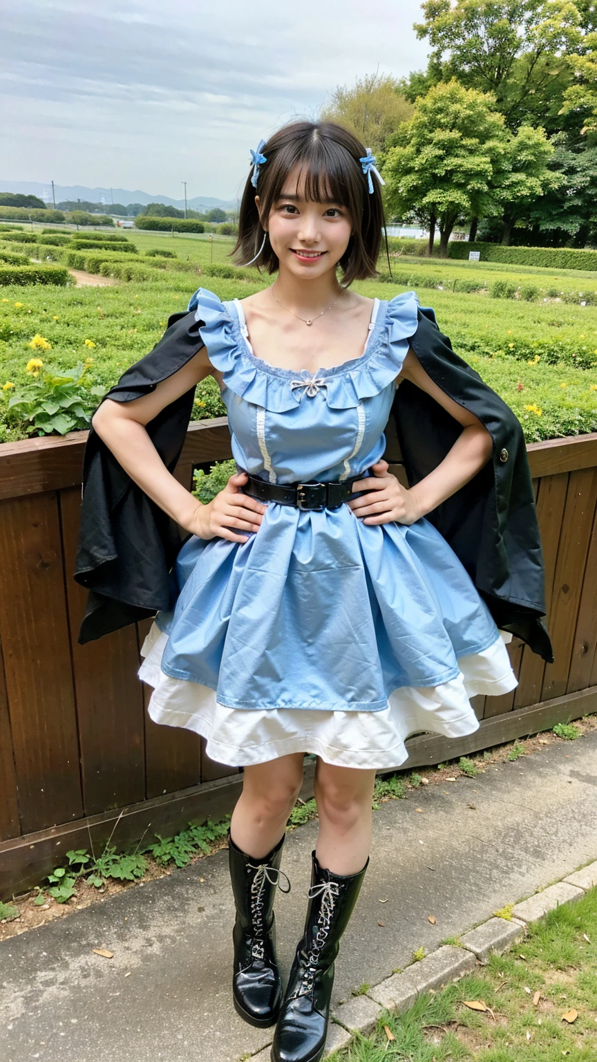 (8K、RAW Photos、Highest quality、masterpiece:1.2)、(Highest quality、Realistic)、1 Girl、((ribbon、Sweater Moon Costume、See-through、Frills、Big Breasts、Breast enlargement、smile、Light blue and black、Lace cloak、mini skirt、Thin legs、whole body、boots、garden、View from the front、Looking into the camera、Idol Costume、Stand with hands on hips))、cute