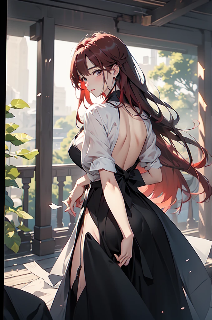 ((masterpiece、Highest quality、Official Art、8k))、One Woman、28 years old、Attractive adult woman、(Red Hair)、Long Straight Hair、(Hair fluttering big in the wind)、Head to waist、From the side、Black backless maid outfit、White apron、Embarrassed、Dark Eyes、Big Eyes、Sparkling eyes、Large Bust、pastel colored trees々、Luxury Mansion、Warm atmosphere illustration、Backlight、