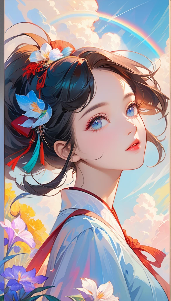 Chinese woman, close-up of face, soaring female image **** of ribbon, smoking, in the sky, bright colors, mysterious colors, modern impressionism, portraiture Yanjun Cheng, rainbow painting, 3/4 perspective view, lovely face, low angle, wide rotation composition, large, beautiful crystal eyes, large iris, ultra high definition, human development report, 8,000, (masterpiece: 1.5), (The most beautiful portrait in the world: 1.5)