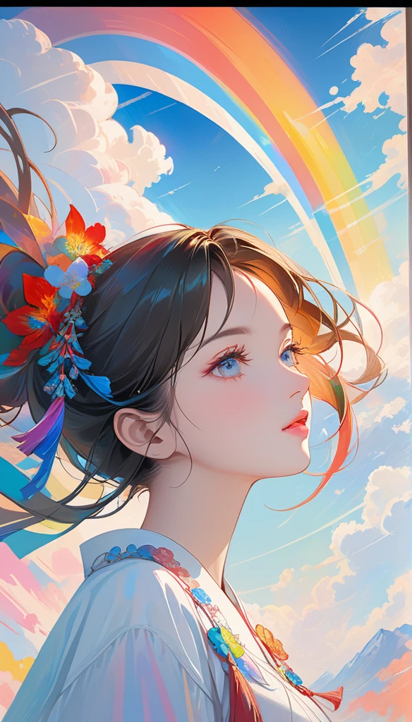 Chinese woman, close-up of face, soaring female image **** of ribbon, smoking, in the sky, bright colors, mysterious colors, modern impressionism, portraiture Yanjun Cheng, rainbow painting, 3/4 perspective view, lovely face, low angle, wide rotation composition, large, beautiful crystal eyes, large iris, ultra high definition, human development report, 8,000, (masterpiece: 1.5), (The most beautiful portrait in the world: 1.5)