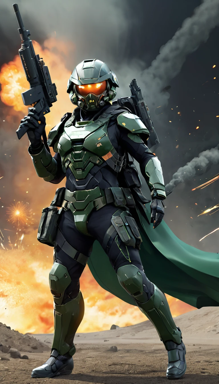 {full body image of a futuristic cyborg soldier wearing a dark green cloak, full-face combat helmet, advanced and modern combat vest, holding a high-tech automatic long-barrel weapon, background with explosion effects, fire and smoke, flying rocks and sand, extremely detailed, 4k resolution, 4D realistic style, photorealistic quality, intricate textures, dynamic lighting, ultra-realistic rendering, high-definition}