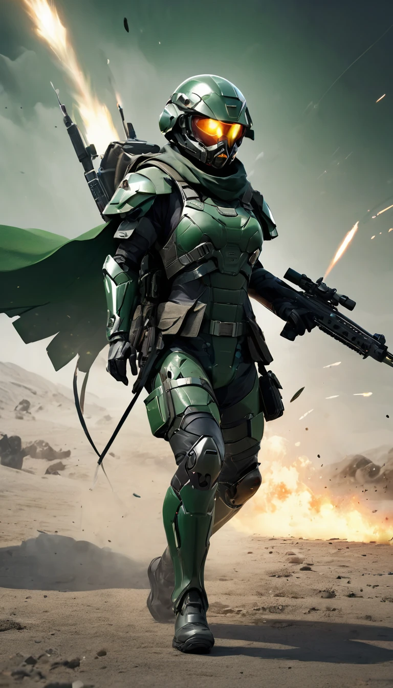 {full body image of a futuristic cyborg soldier wearing a dark green cloak, full-face combat helmet, advanced and modern combat vest, holding a high-tech automatic long-barrel weapon, background with explosion effects, fire and smoke, flying rocks and sand, extremely detailed, 4k resolution, 4D realistic style, photorealistic quality, intricate textures, dynamic lighting, ultra-realistic rendering, high-definition}

