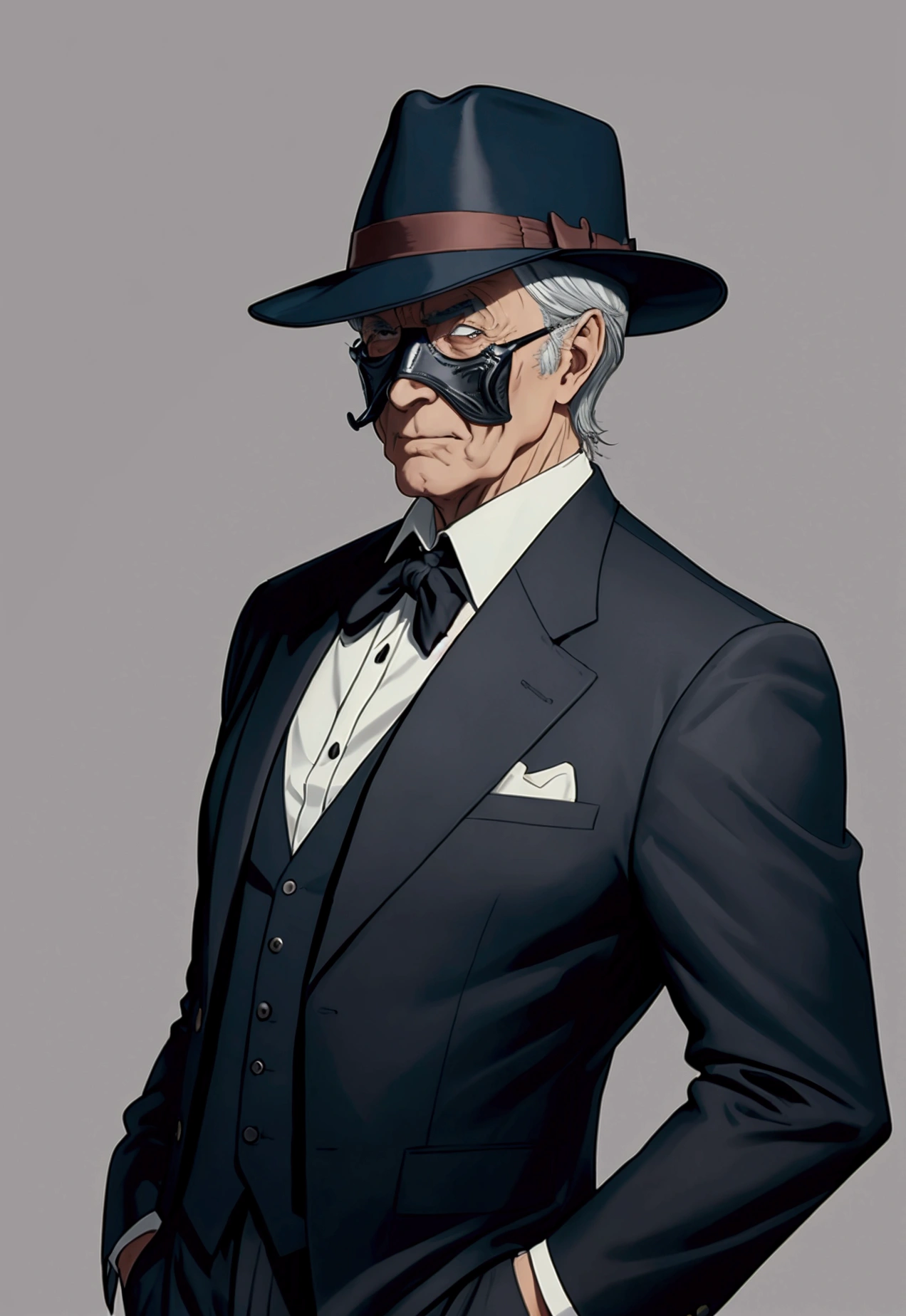 a rich old man in a suit, only upper body, with a fedora , full cool mask on his face