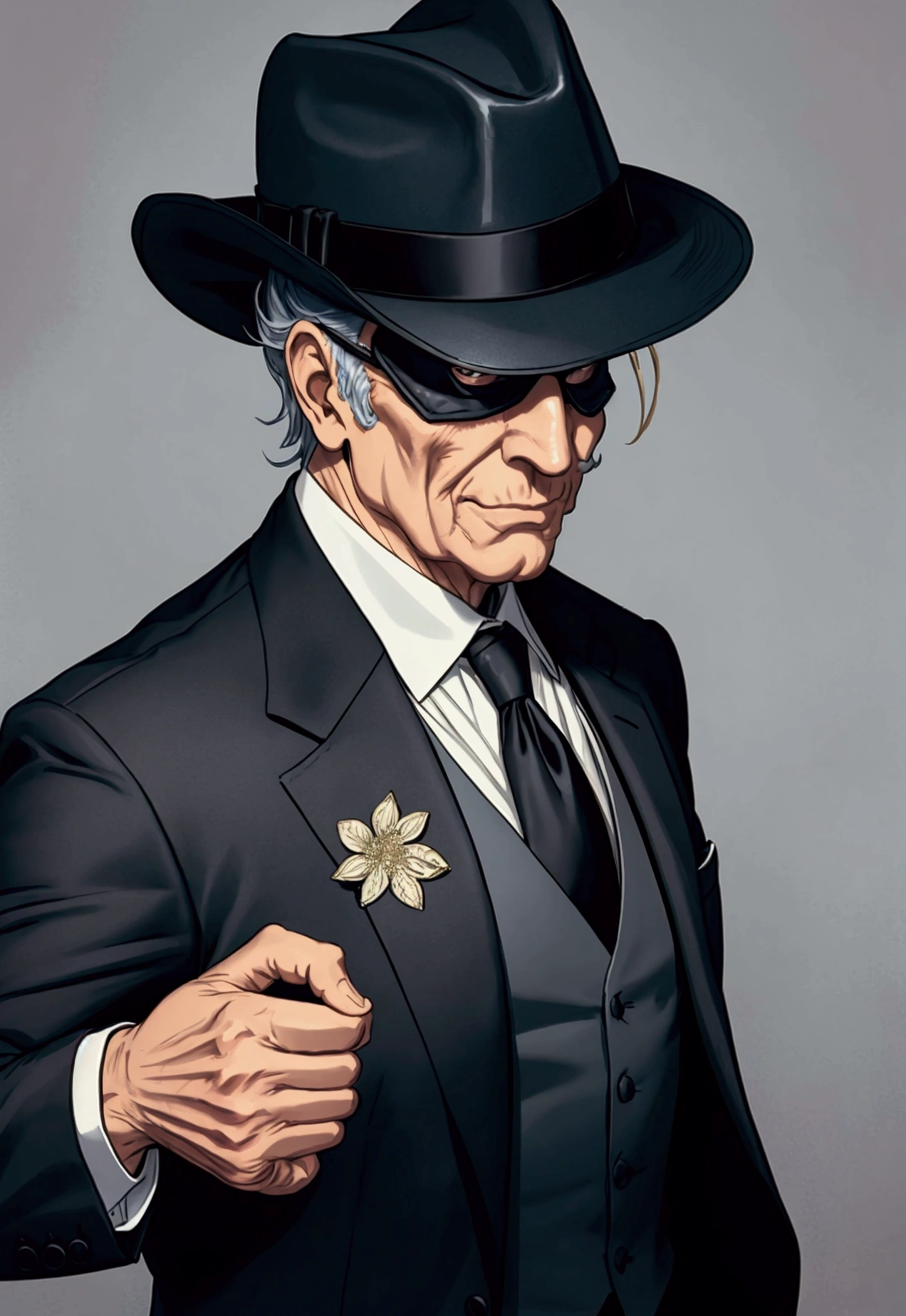 a rich old man in a suit, only upper body, with a fedora , full cool mask on his face 