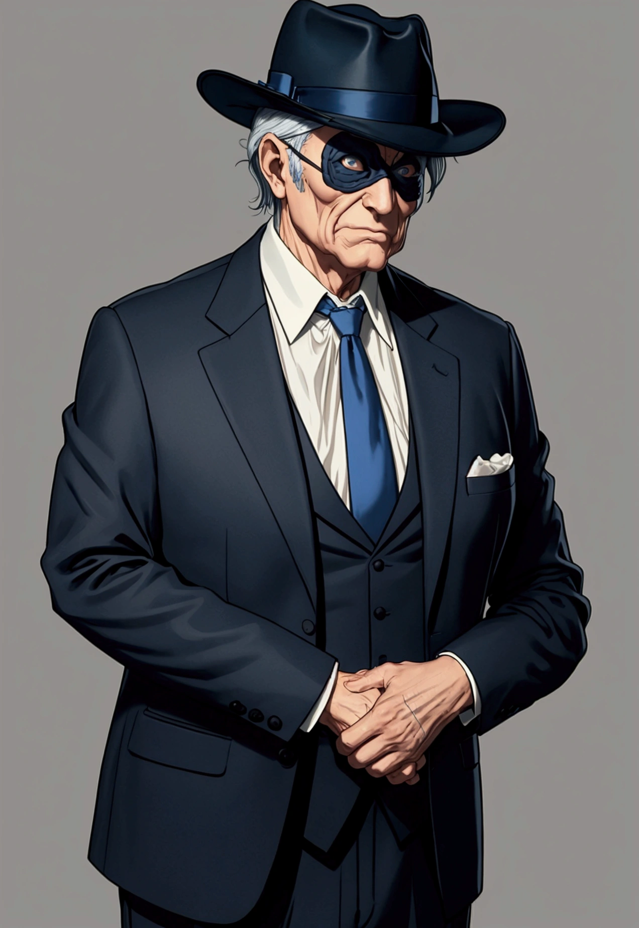 a rich old man in a suit, only upper body, with a fedora , full cool mask on his face