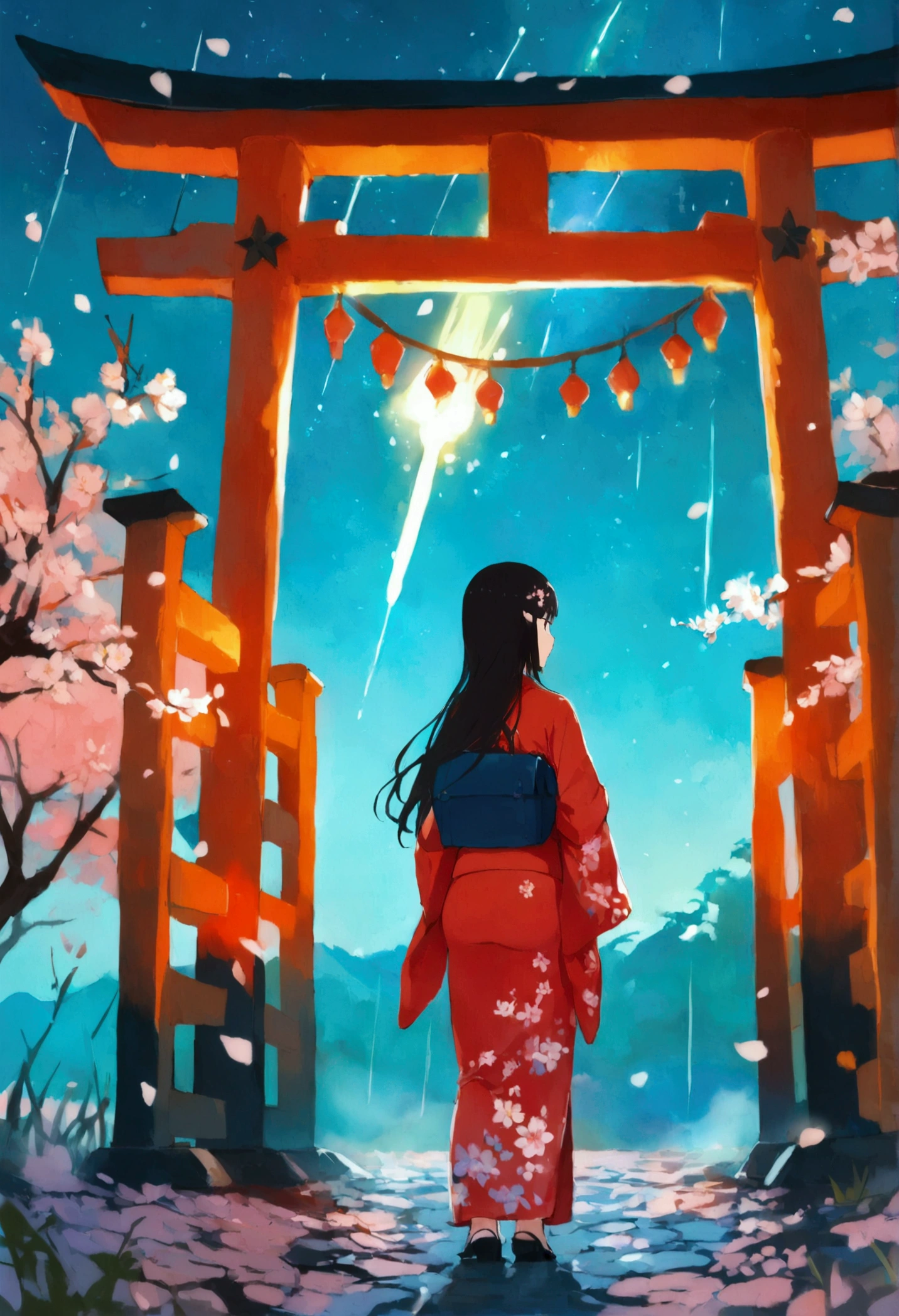 1 girl, distant girl wearing a kimono staring at the stele, (diminished:1.1), (meteor shower:1.2), (comet:1.1), Seu Nome, Low angle, Looking back, aroura borealis, Shooting Star, yukata, red kimono, Cherry blossoms, standing in a field,best qualityer, work of art, nube,colorfully, starlit,stele,looking back
