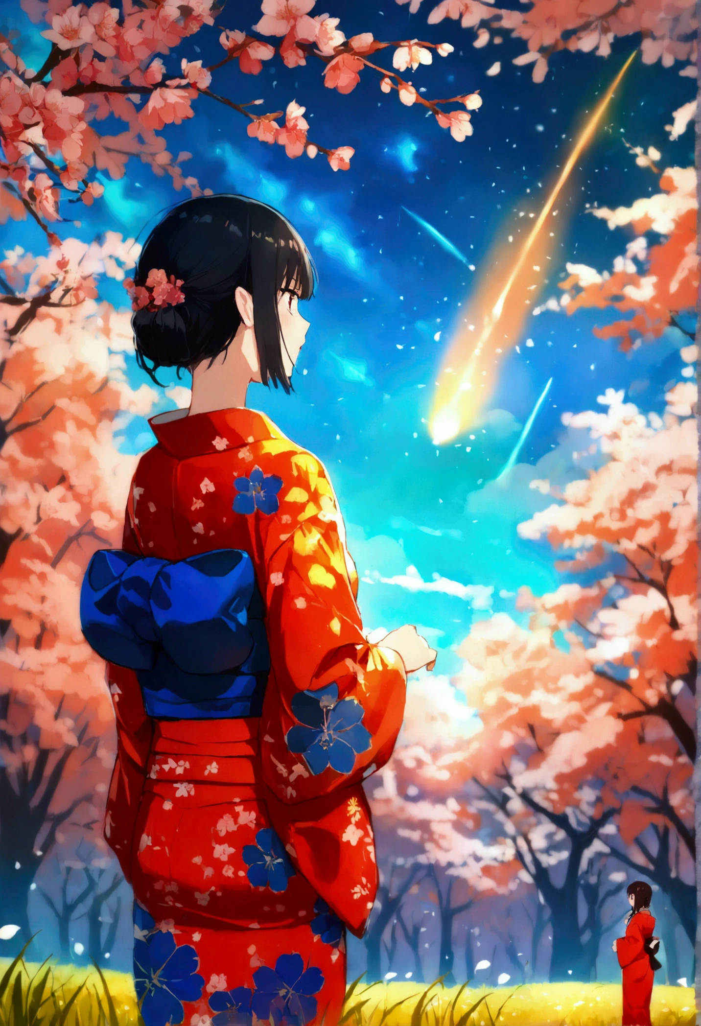 1 girl, distant girl wearing a kimono staring at the stele, (diminished:1.1), (meteor shower:1.2), (comet:1.1), Seu Nome, Low angle, Looking back, aroura borealis, Shooting Star, yukata, red kimono, Cherry blossoms, standing in a field,best qualityer, work of art, nube,colorfully, starlit,stele,looking back