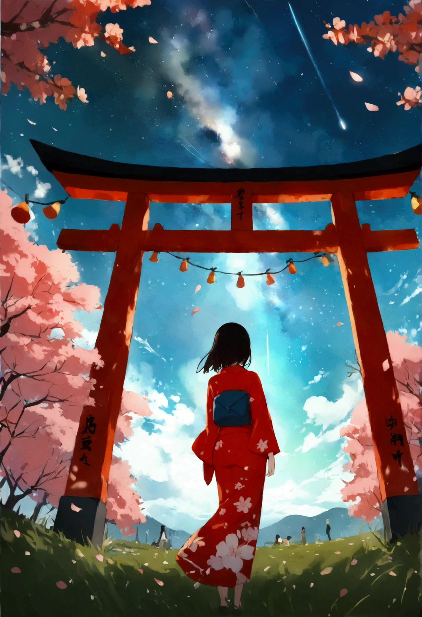 1 girl, distant girl wearing a kimono staring at the stele, (diminished:1.1), (meteor shower:1.2), (comet:1.1), Seu Nome, Low angle, Looking back, aroura borealis, Shooting Star, yukata, red kimono, Cherry blossoms, standing in a field,best qualityer, work of art, nube,colorfully, starlit,stele,looking back