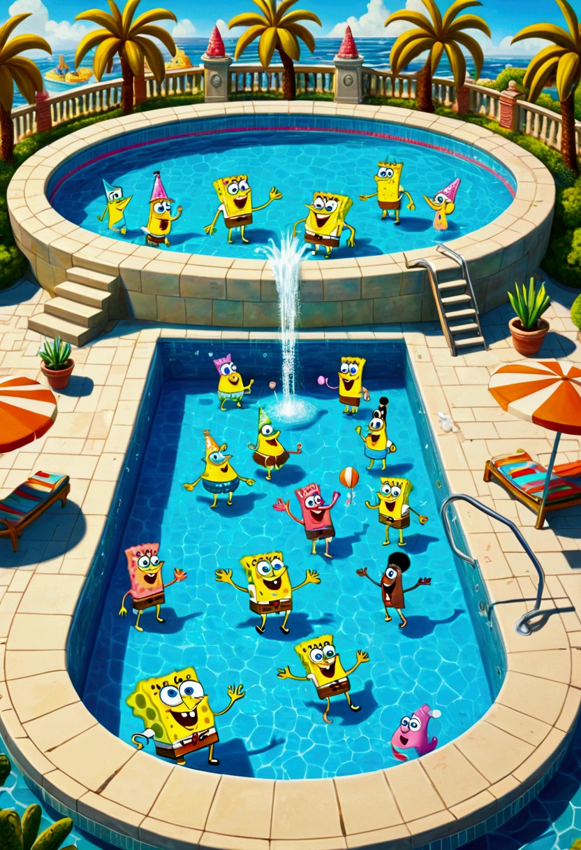 Pool parties, lively pool, playing water, by SpongeBob SquarePants, full body, best quality, masterpiece, very aesthetic, perfect composition, intricate details, ultra-detailed, vivid colors