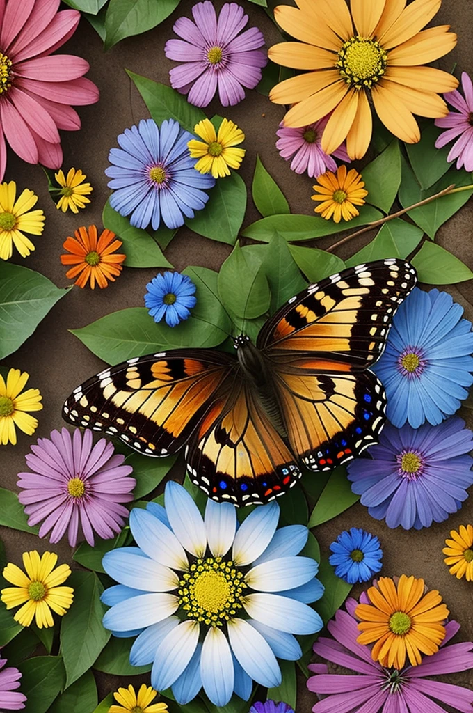 3 butterflies of different colors circling over a flower