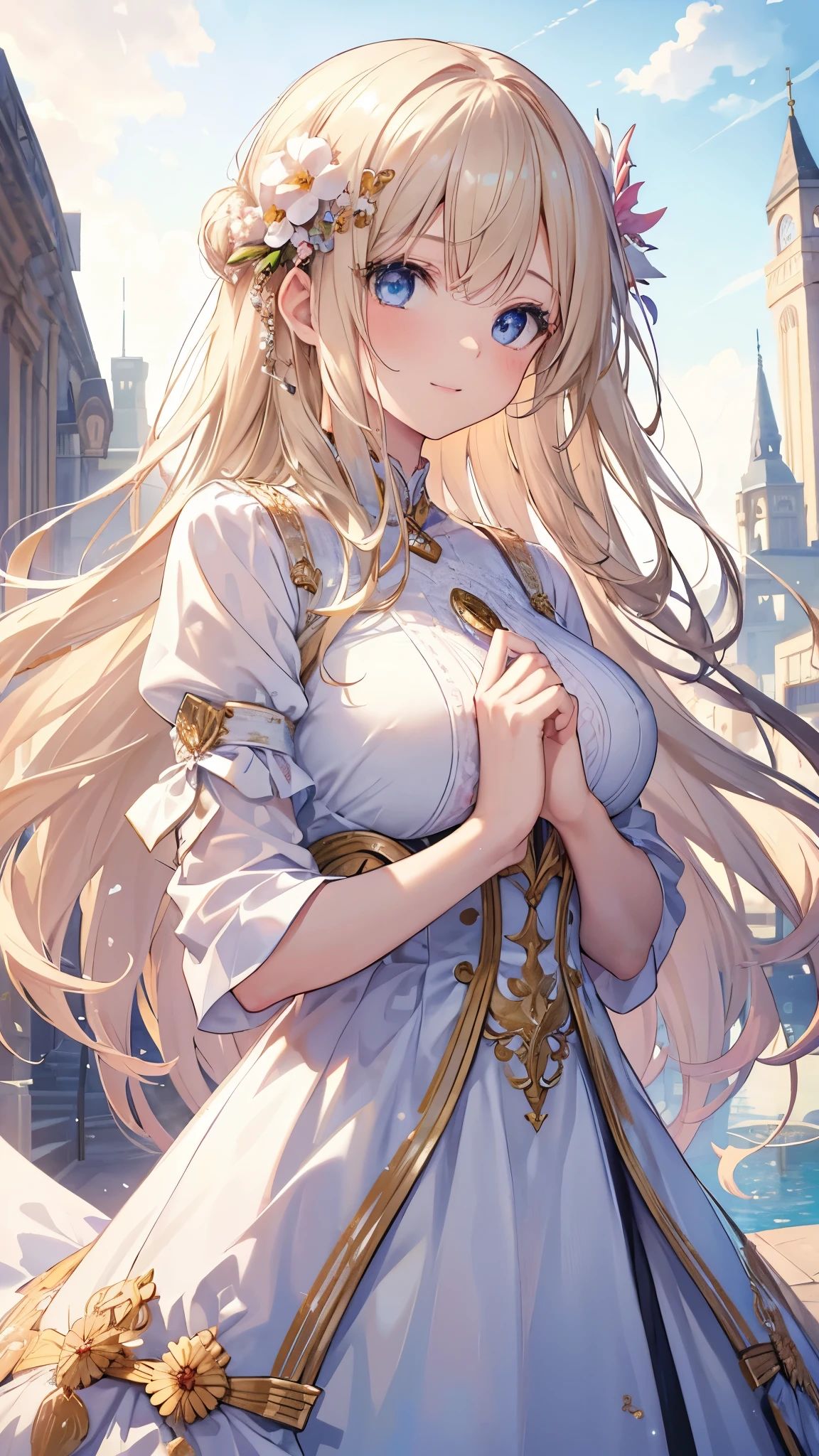 masterpiece、Highest quality、High resolution、High-quality images、8K, -yeld giSkin Radiance、Texture of skin and clothing、Expression of fine eyes、Sparkling blonde,Long Hair Girl, Calm illustration、dress, Beautiful light blue eyes, Fuller lips, Gorgeous face with attention to detail, (Cute Smile), charm, Innocent, Side view, (Perfectly detailed face), (Beautiful Hands) Photorealistic images, Written boundary depth, flower、sun、Big Breasts、Valkyrie's Feather