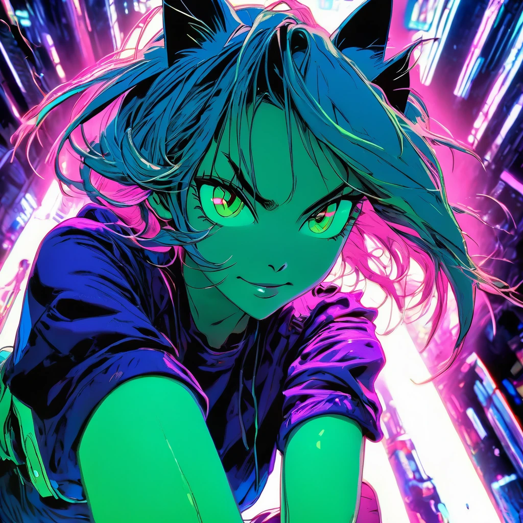 Master piece,brst quality, best artist,retro art,90s anime,grainy photo,38mm photographs,soft,beautiful,vivid colores,hand drawn,thick line art,retro feel,retro style,best anatomy, best hands,best face,best eyes,expressive eyes,manga style,classical,art by Akira Toriyama,
BREAK
1girl,slender ,cat ears,straight long green hair,light green eyes, ,medium breasts,soft expression,smile,blush,serioes eyes,
wearing a jacket, purple t-shirt, short shorts jeans, latex leggings,
BREAK
sitting in a living room,detailed livingroom background,couch, front view ,arms extented aprat,looking at viewer,cowboy shot,volumetric light,studio lighting,lanse flare abuse
