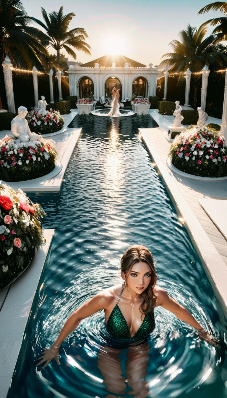 high quality, realistic, photorealistic, detailed, 8k, high resolution, elegant luxury pool party, luxurious mansion exterior, wealthy socialites, famous celebrities, expensive evening gowns, glamorous party guests, people swimming in pool, reflective water, sun shining, lavish decor, chandeliers, marble statues, lush landscaping, exotic flowers, manicured gardens,