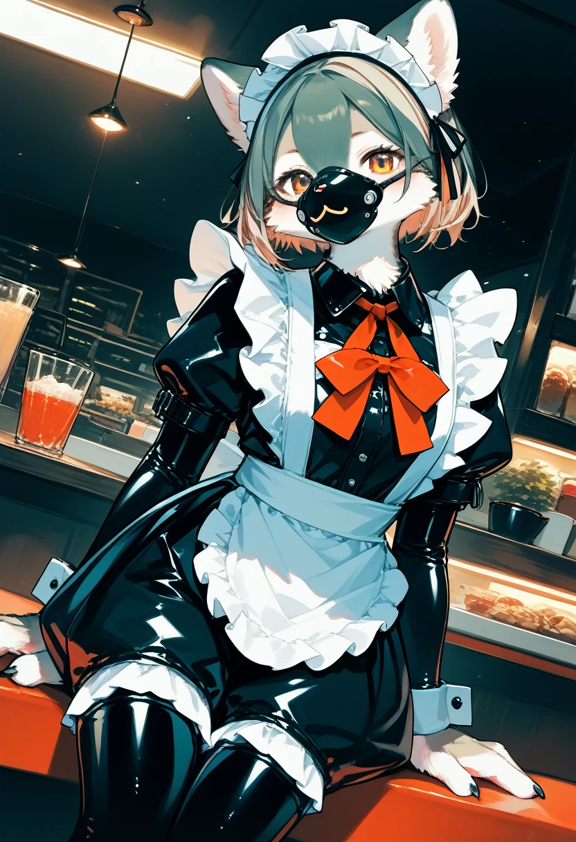Highest quality, Highest quality, High quality illustrations, masterpiece, Ultra-high resolution, Detailed Background, maid Cafe, Absurd, Perfect Anatomy, performance, Good lighting, Shadows in the movies(kemono, Furry Personifi猫ion), Rubber suit, Rubber suit, latex, neon, neonライト, neonカラー, Rubber maid outfit, ribbon, Rubber mask