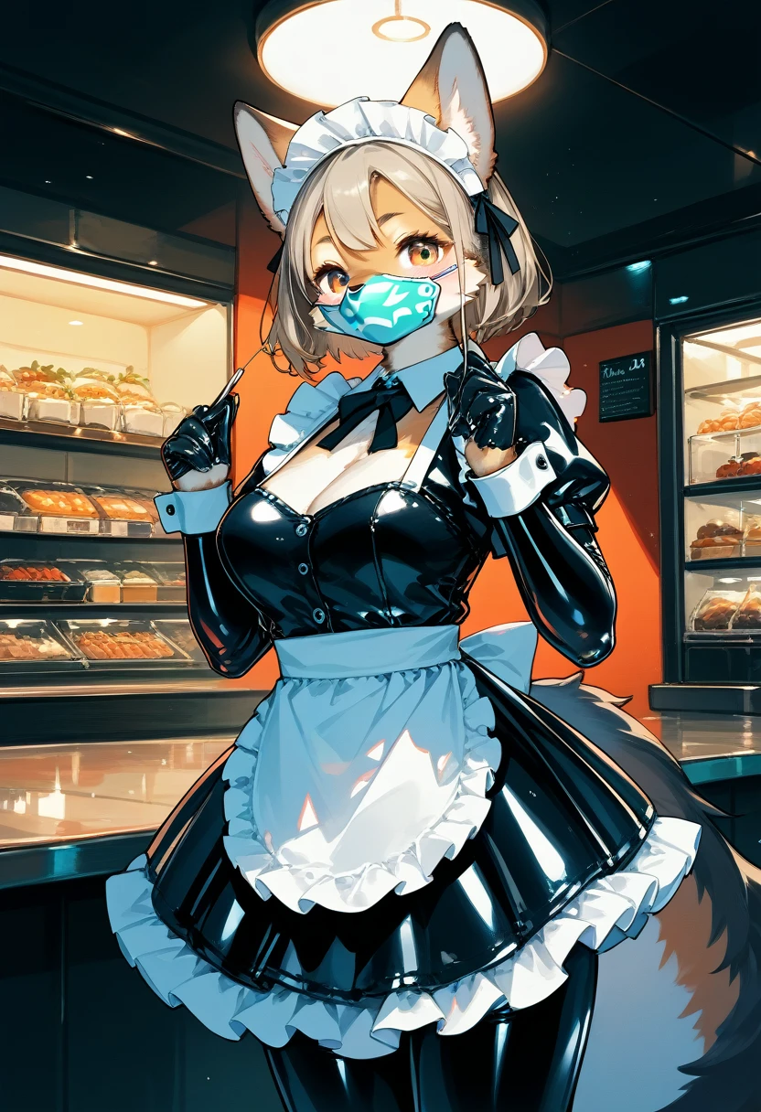 Highest quality, Highest quality, High quality illustrations, masterpiece, Ultra-high resolution, Detailed Background, maid Cafe, Absurd, Perfect Anatomy, performance, Good lighting, Shadows in the movies(kemono, Furry Personifi猫ion), Rubber suit, Rubber suit, latex, neon, neonライト, neonカラー, Rubber maid outfit, ribbon, Rubber mask