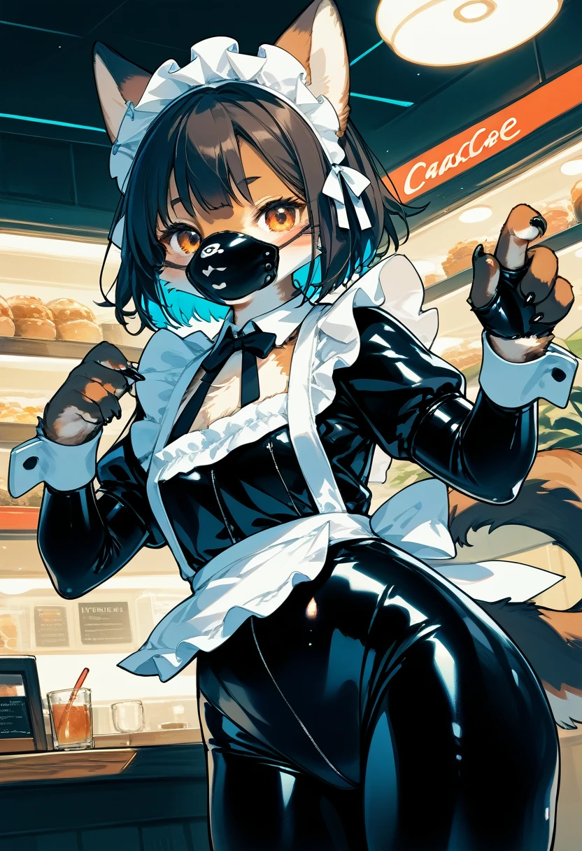 Highest quality, Highest quality, High quality illustrations, masterpiece, Ultra-high resolution, Detailed Background, maid Cafe, Absurd, Perfect Anatomy, performance, Good lighting, Shadows in the movies(kemono, Furry Personifi猫ion), Rubber suit, Rubber suit, latex, neon, neonライト, neonカラー, Rubber maid outfit, ribbon, Rubber mask