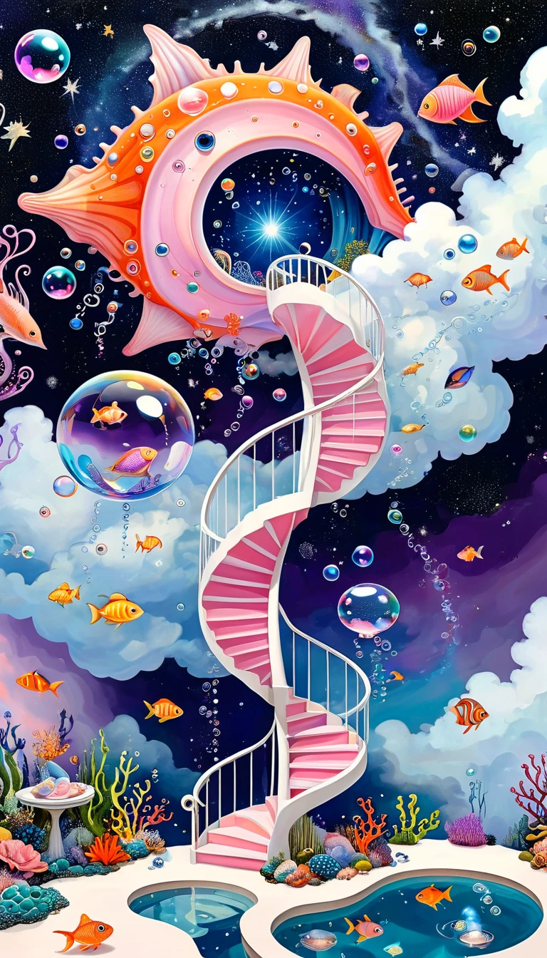 "Dick Ellescas Artist Style",3D transparent conch-shaped swimming pool in the sky,沐浴的章fish,Platform、Starry Sky、cloud,fish、Tentacles、bird、Eye、Soap bubbles,diatom,Spiral Staircase,Stitching together an abstract painting,Sense of space,White Space,interesting,Innocence,Psychedelic Art,Pink theme,Bold contrasts,Purple and Orange