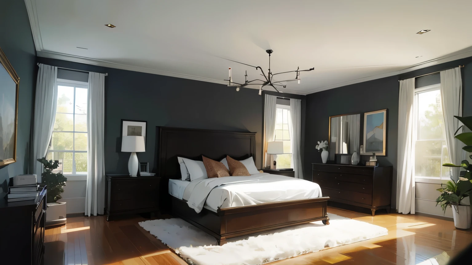absurdres, bestres, illustration, background, interior, modern california mansion bedroom, trees, modernistic
