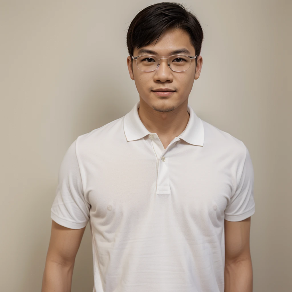 Andrew thomas huang, oval face, eyeglasses, neat muscular, sexy, polo shirt, jeans, office