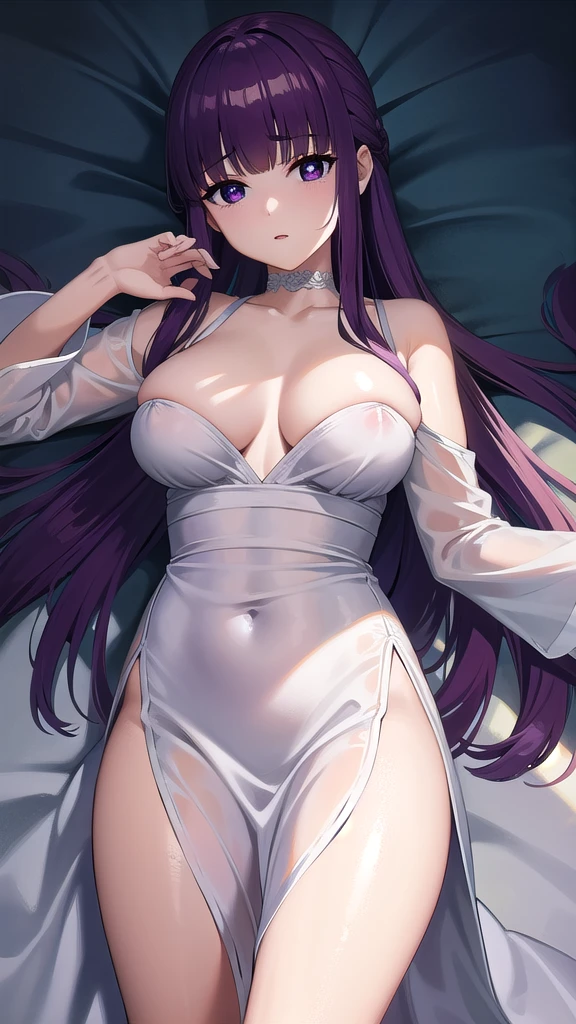 BREAK looking at viewer, BREAK (masterpiece:1.2), best quality, high resolution, unity 8k wallpaper, (illustration:0.8), (beautiful detailed eyes:1.6), extremely detailed face, perfect lighting, extremely detailed CG, (perfect hands, perfect anatomy)fern, long hair, bangs, (purple eyes:1.1), purple hair, sidelocks, blunt bangs, (bright pupils:1.5),castle,night,moon,starfall, half updo,
long sleeves,white dress, long dress,wet dress, cleavege,neckline,nipples, from above,bend over.